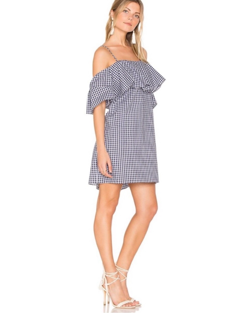 Amanda Uprichard Marise Navy Gingham Off-Shoulder Mini Ruffle Dress in Size P/XS